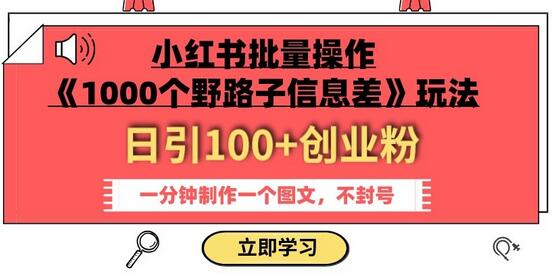 小红书批量操作《1000个野路子信息差》玩法，一分钟制作一个图文，不封号，日引100+创业粉-七哥资源网 - 全网最全创业项目资源