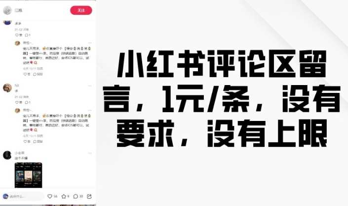 小红书评论区留言，1元条，没有要求，没有上限-七哥资源网 - 全网最全创业项目资源