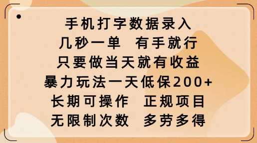 手机打字数据录入，几秒一单，有手就行，只要做当天就有收益，暴力玩法一天低保2张-七哥资源网 - 全网最全创业项目资源